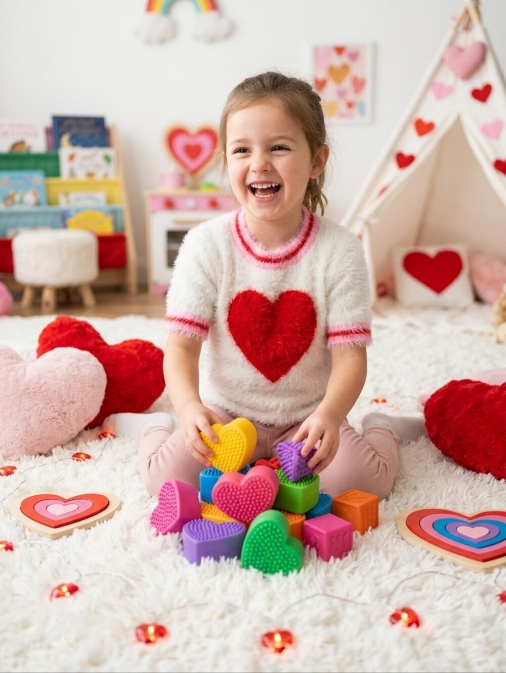 art class White Fuzzy Sweater with Red Heart and Pink Trim